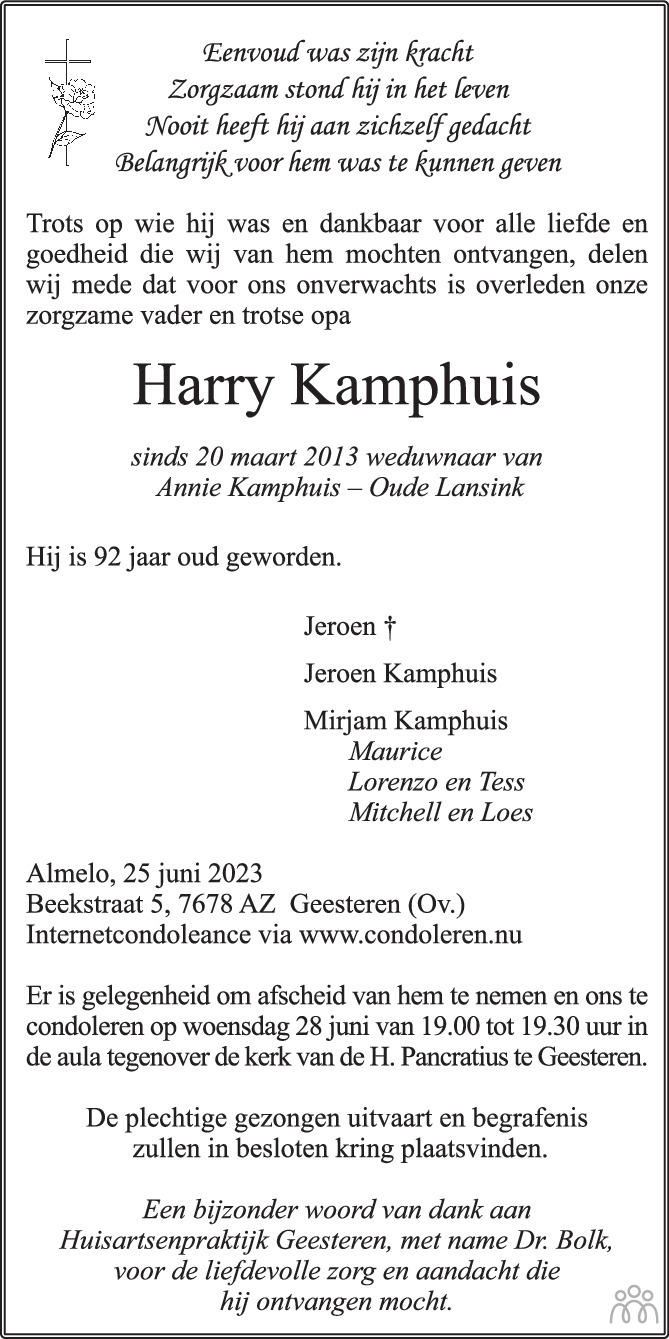 Harry Kamphuis 25 06 2023 Overlijdensbericht En Condoleances