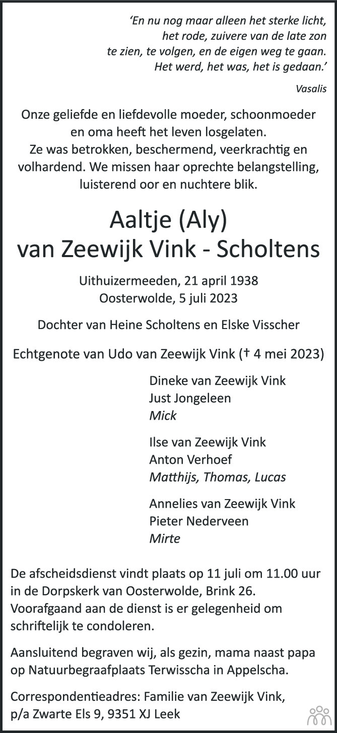 Aaltje Aly Van Zeewijk Vink Scholtens Overlijdensbericht