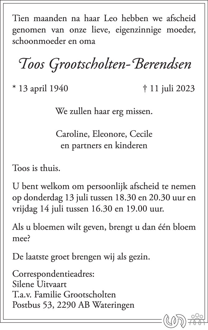 Toos Grootscholten Berendsen 11 07 2023 Overlijdensbericht En