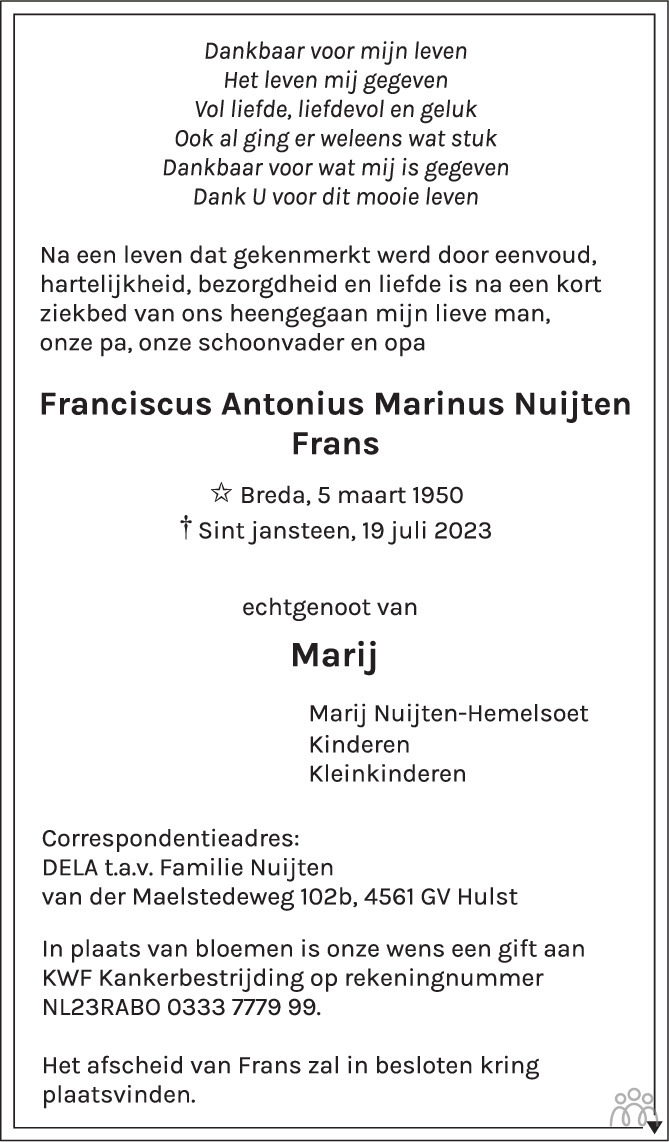 Frans Antonius Marinus Nuijten Overlijdensbericht En