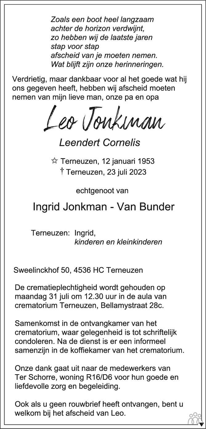 Leo Leendert Cornelis Jonkman 23 07 2023 Overlijdensbericht En