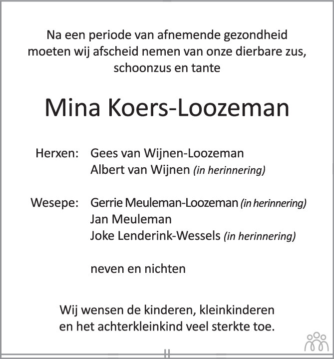 Mina Willemina Koers Loozeman 26 07 2023 Overlijdensbericht En