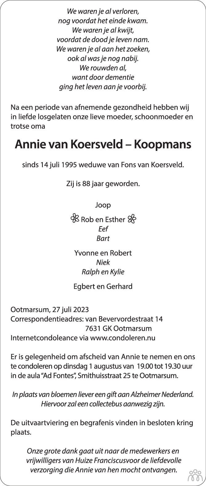 Annie Van Koersveld Koopmans Overlijdensbericht En