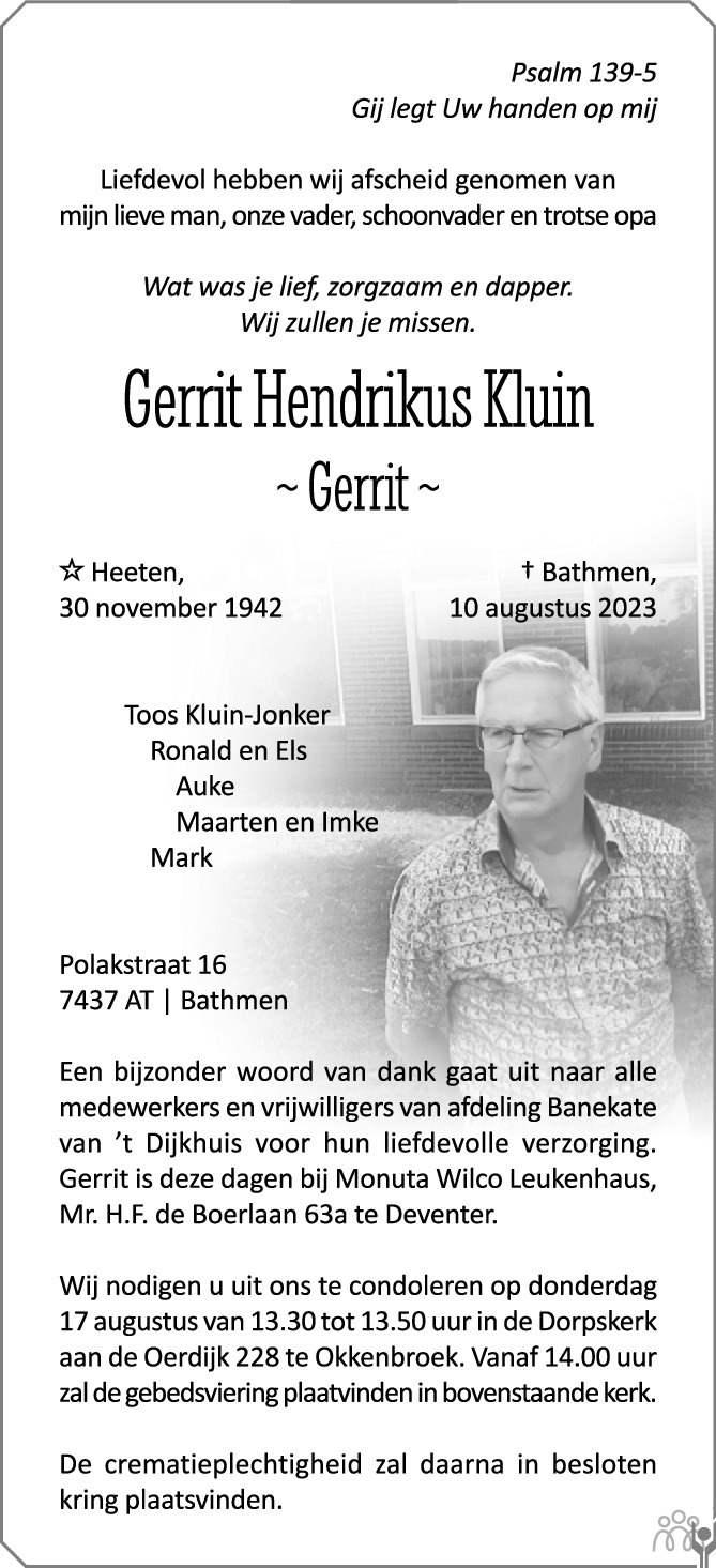 Gert Hendrikus Gerrit Kluin 10 08 2023 Overlijdensbericht En