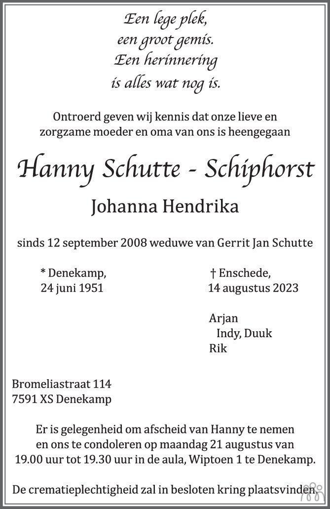 Hanny Johanna Hendrika Schutte Schiphorst 14 08 2023