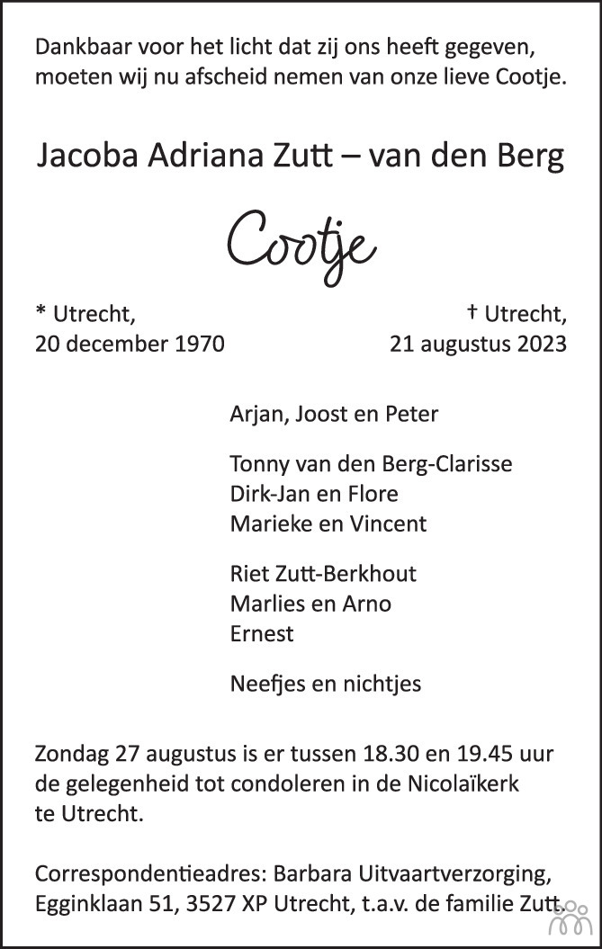 Jacoba Adriana Cootje Zutt Van Den Berg 21 08 2023 Overlijdensbericht