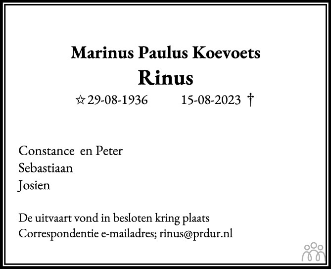 Marinus Paulus Rinus Koevoets 15 08 2023 Overlijdensbericht En