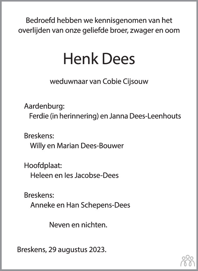 Henk Hendrik Leendert Cornelis Dees Overlijdensbericht En