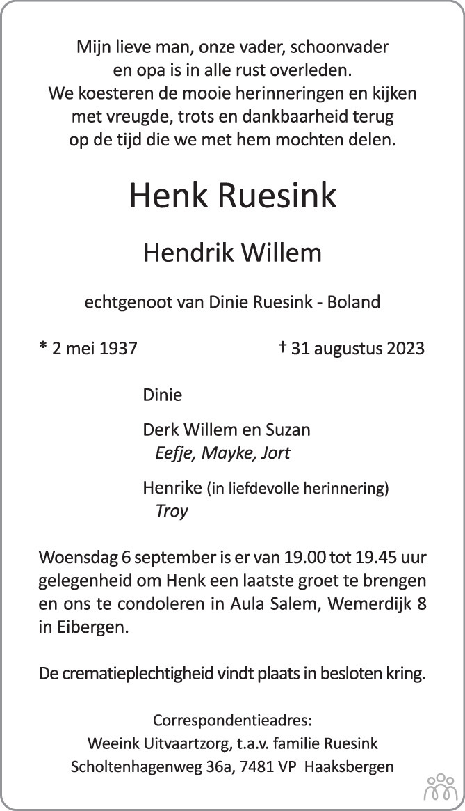 Henk Hendrik Willem Ruesink Overlijdensbericht En