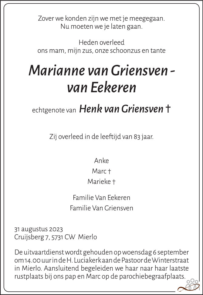 Marianne Van Griensven Van Eekeren Overlijdensbericht En