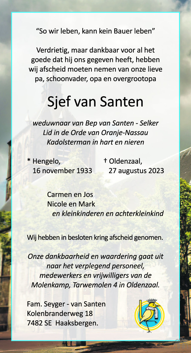 Sjef Van Santen 27 08 2023 Overlijdensbericht En Condoleances