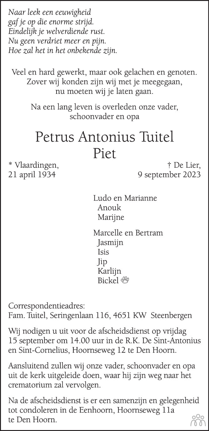 Piet Petrus Antonius Tuitel Overlijdensbericht En