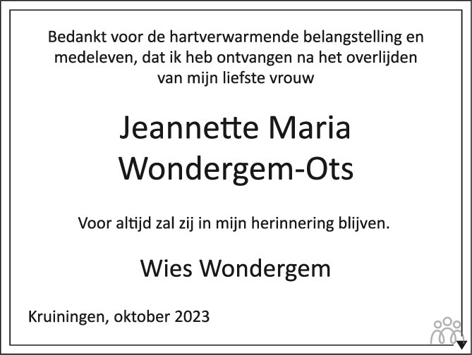 Jeannette Maria Wondergem Ots 07 09 2023 Overlijdensbericht En