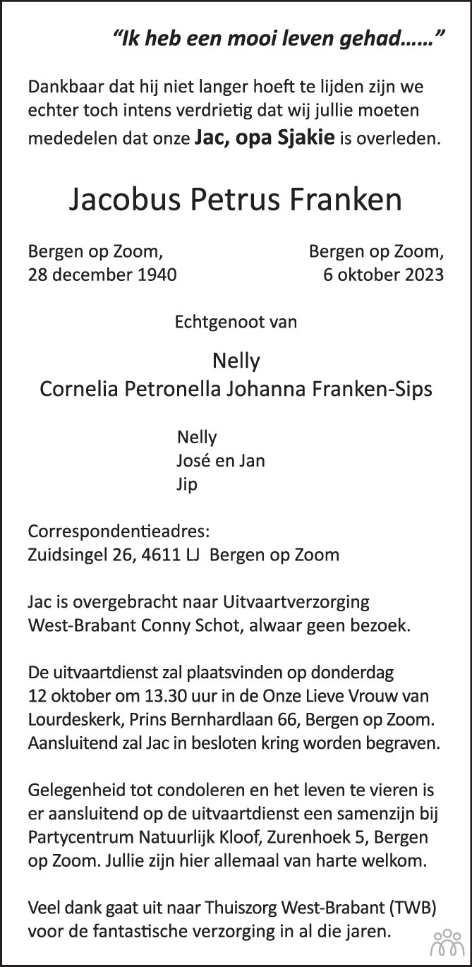 Jacobus Petrus Jac Franken Overlijdensbericht En