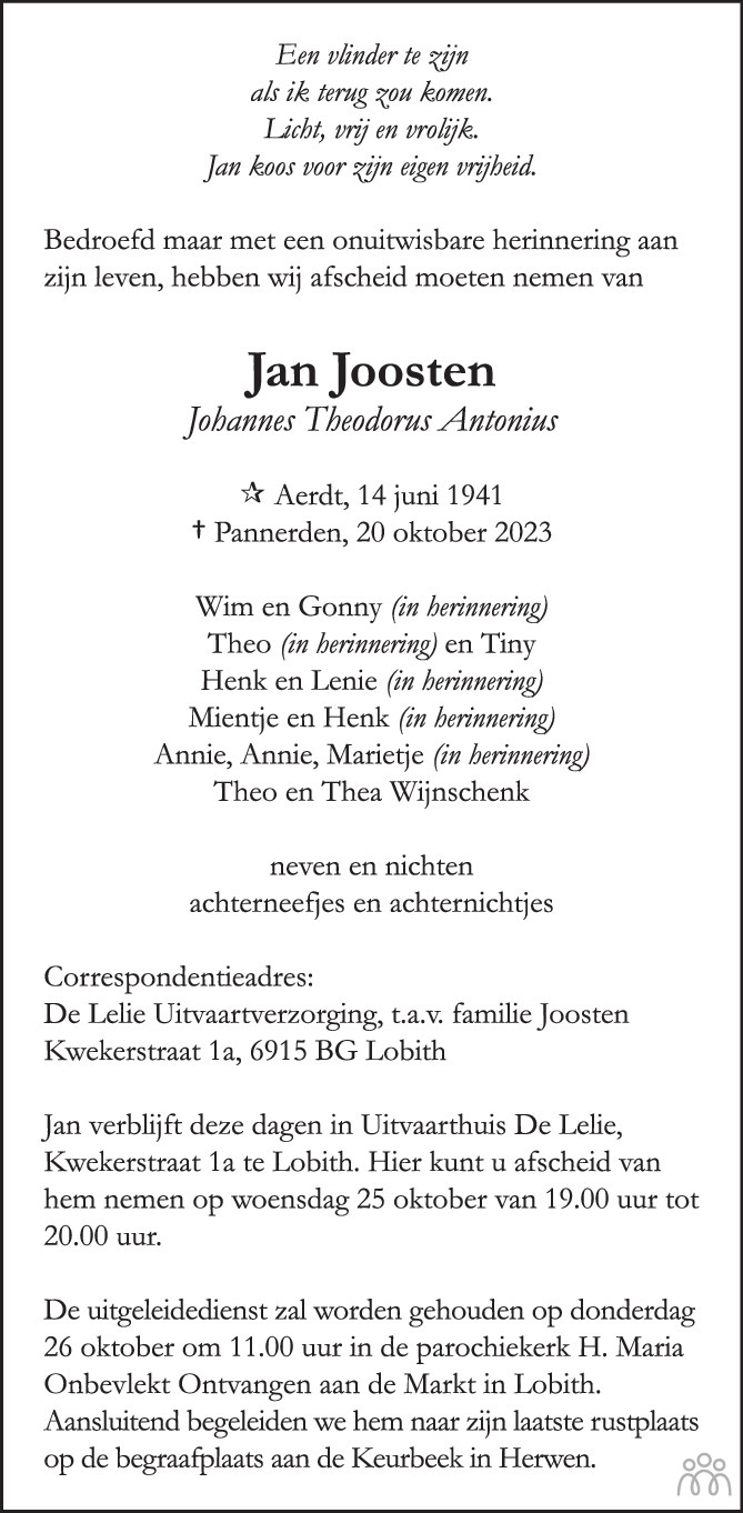 Jan Johannes Theodorus Antonius Joosten 20 10 2023 Overlijdensbericht