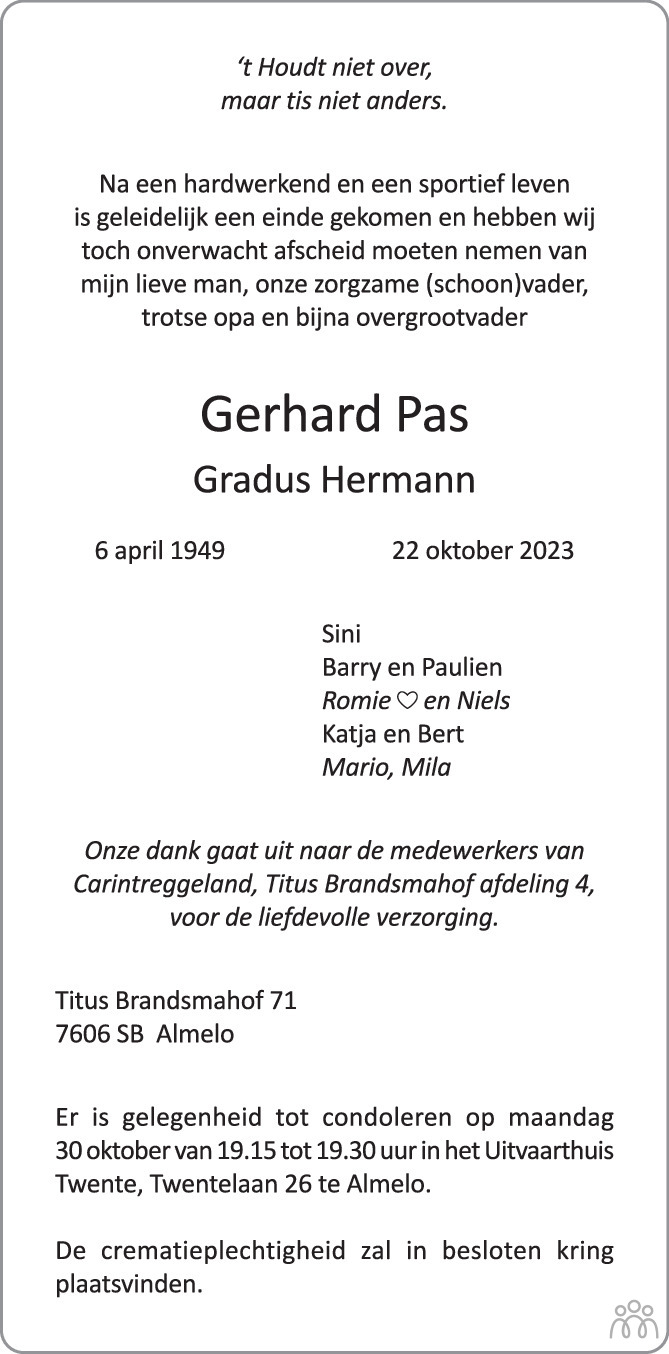 Gerhard Gradus Hermann Pas Overlijdensbericht En