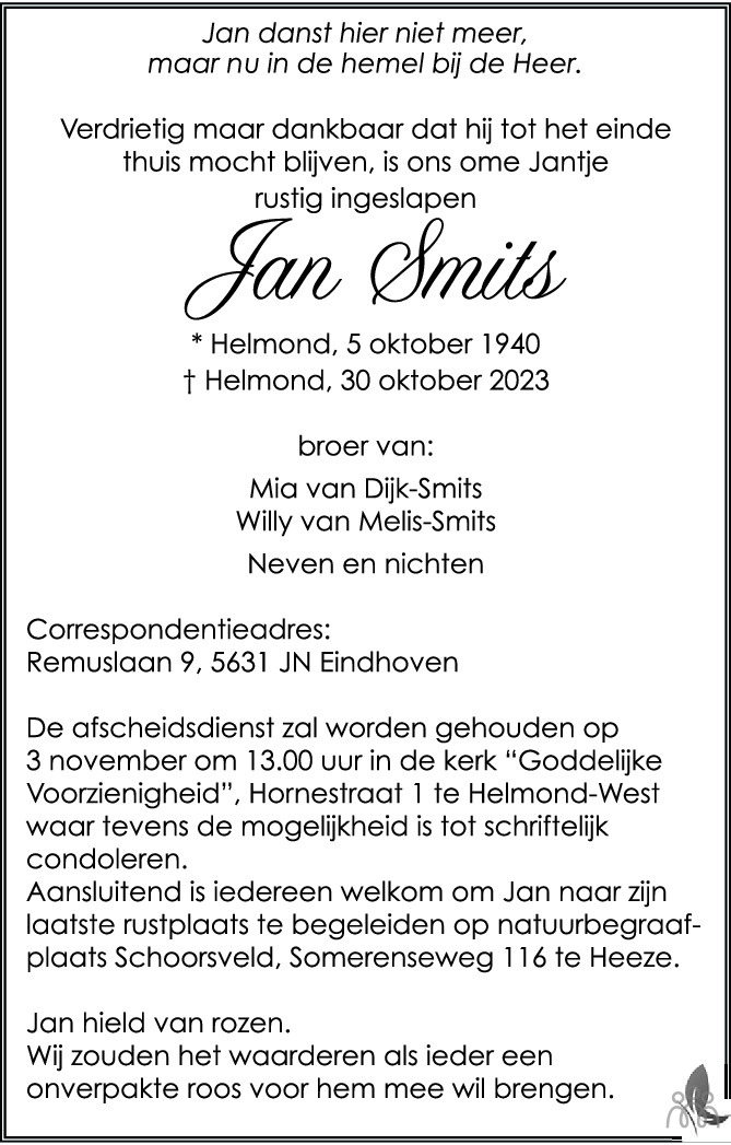 Jan Smits 30 10 2023 Overlijdensbericht En Condoleances Mensenlinq Nl