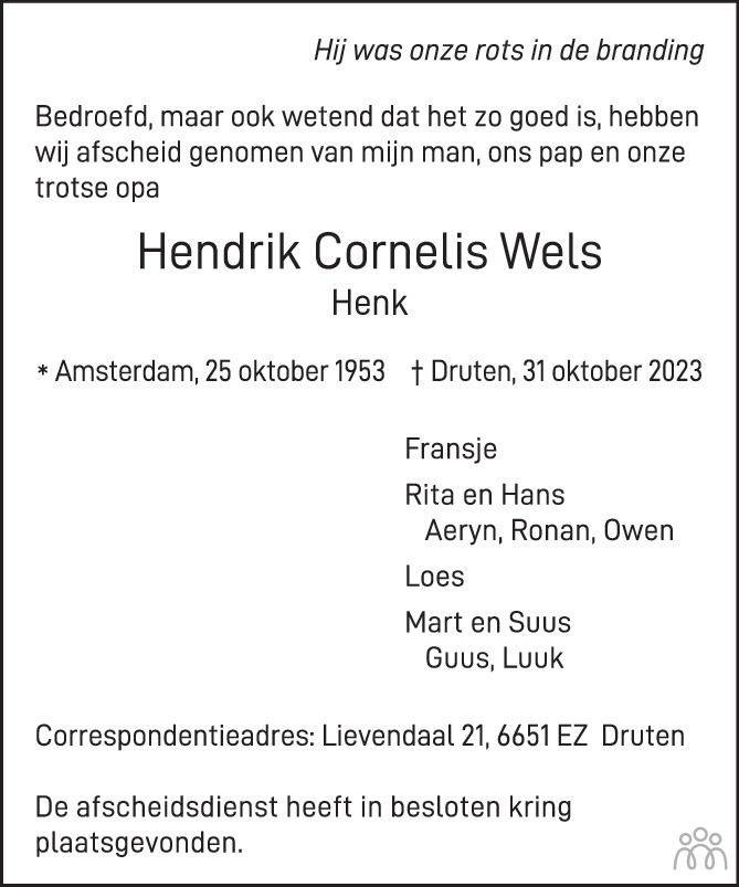 Hendrik Cornelis Henk Wels Overlijdensbericht En