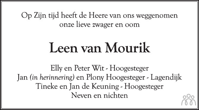 Leendert Cornelis Leen Van Mourik Overlijdensbericht En