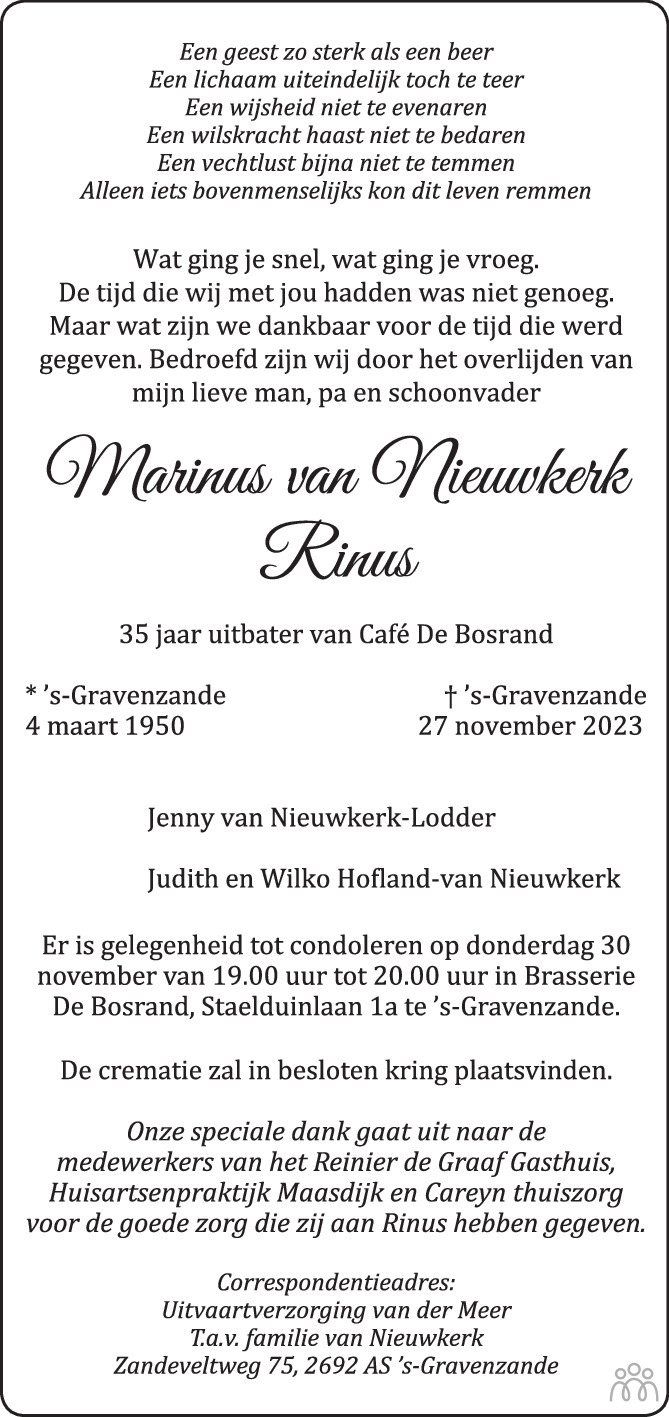 Rinus Marinus Van Nieuwkerk 27 11 2023 Overlijdensbericht En