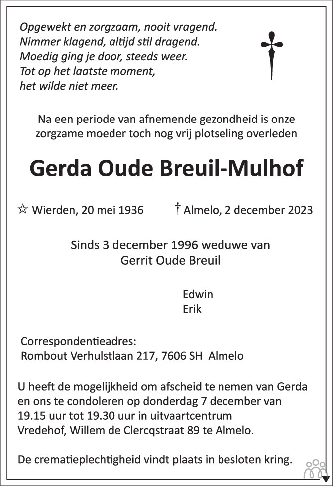 Gerda Oude Breuil Mulhof Overlijdensbericht En Condoleances