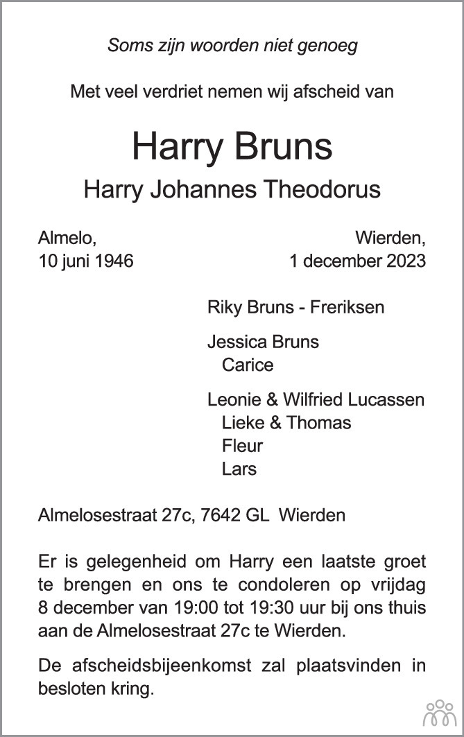 Harry Harry Johannes Theodorus Bruns Overlijdensbericht En