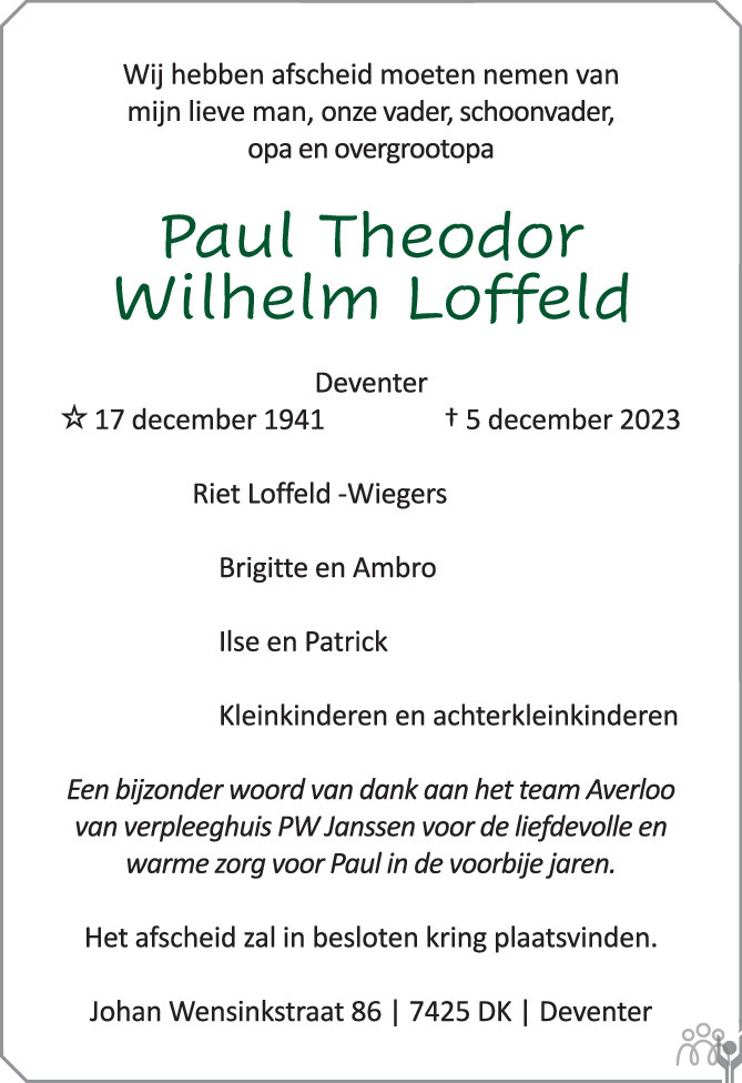 Paul Theodor Wilhelm Loffeld Overlijdensbericht En