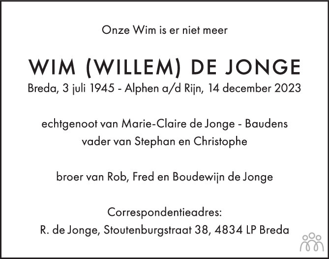 Wim Willem De Jonge Overlijdensbericht En Condoleances