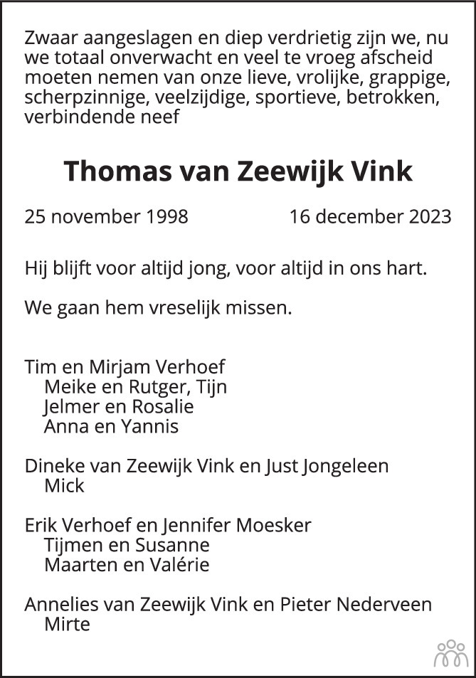 Thomas Van Zeewijk Vink Overlijdensbericht En Condoleances