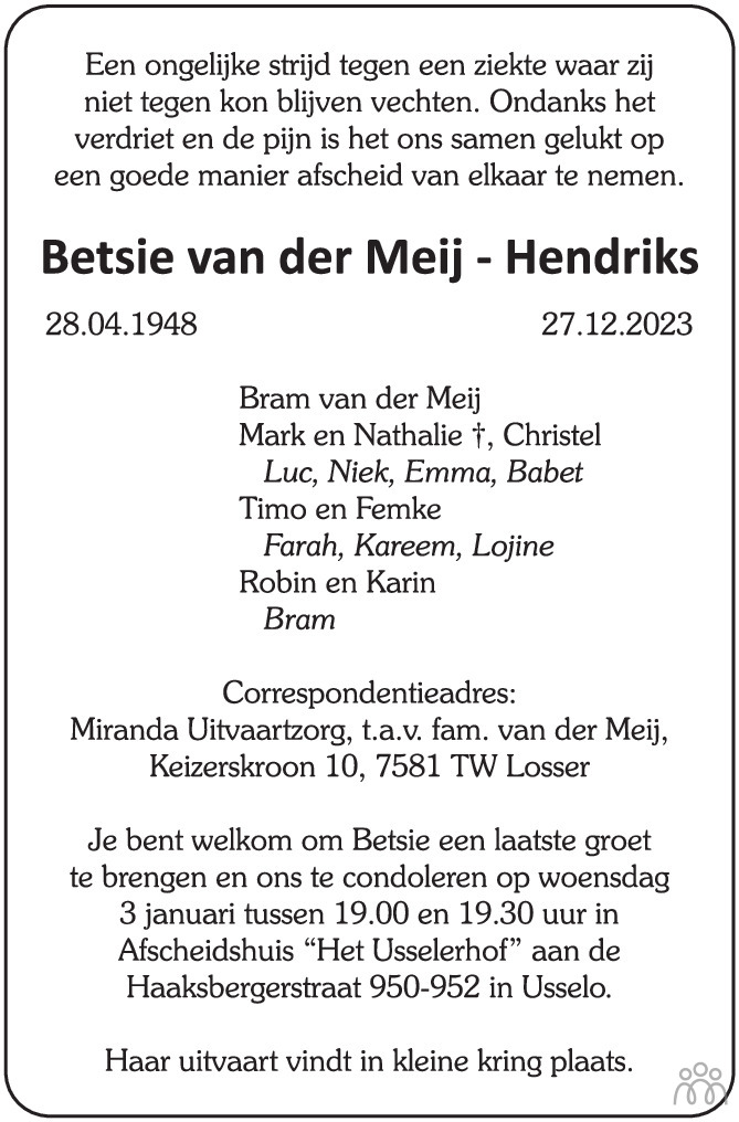 Betsie Van Der Meij Hendriks 27 12 2023 Overlijdensbericht En