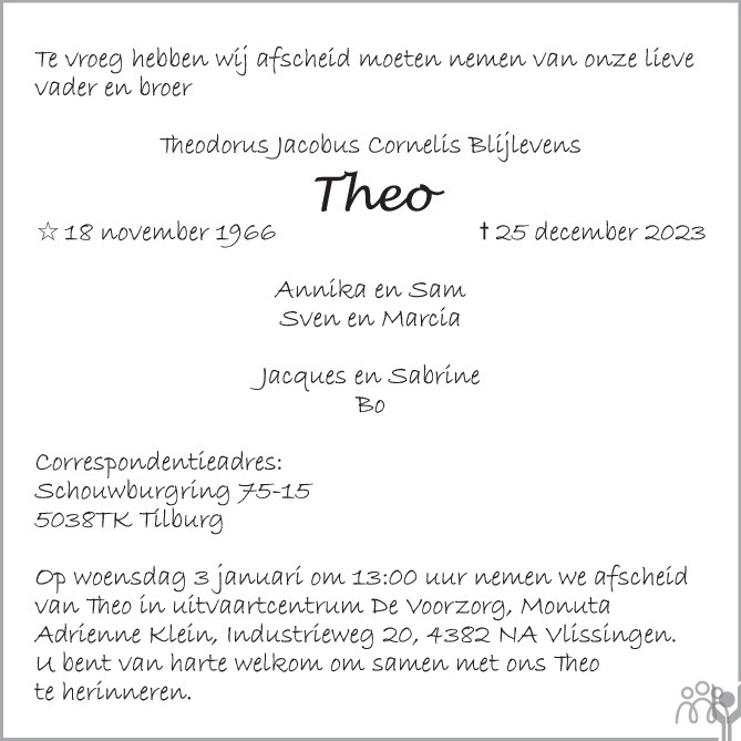 Theodorus Jacobus Cornelis Theo Blijlevens 25 12 2023