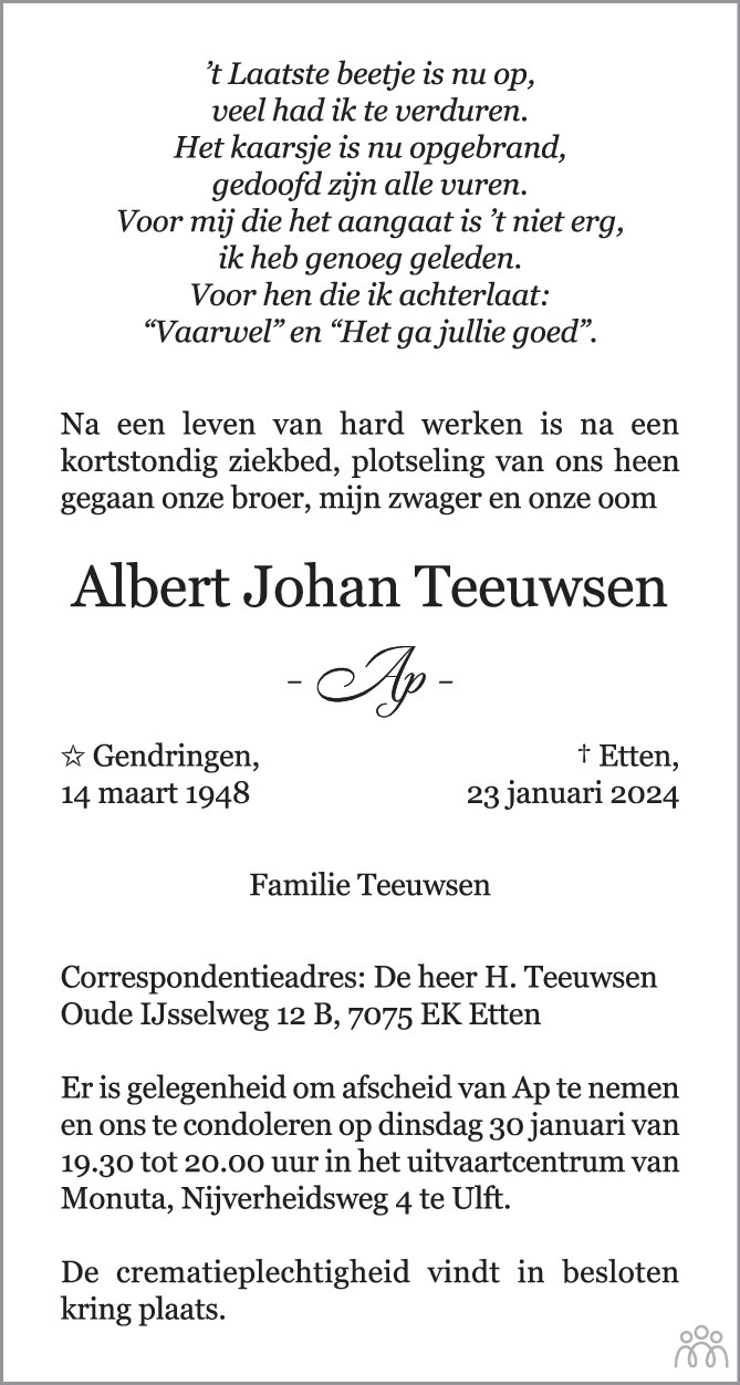 Albert Johan Ap Teeuwsen 23 01 2024 Overlijdensbericht En