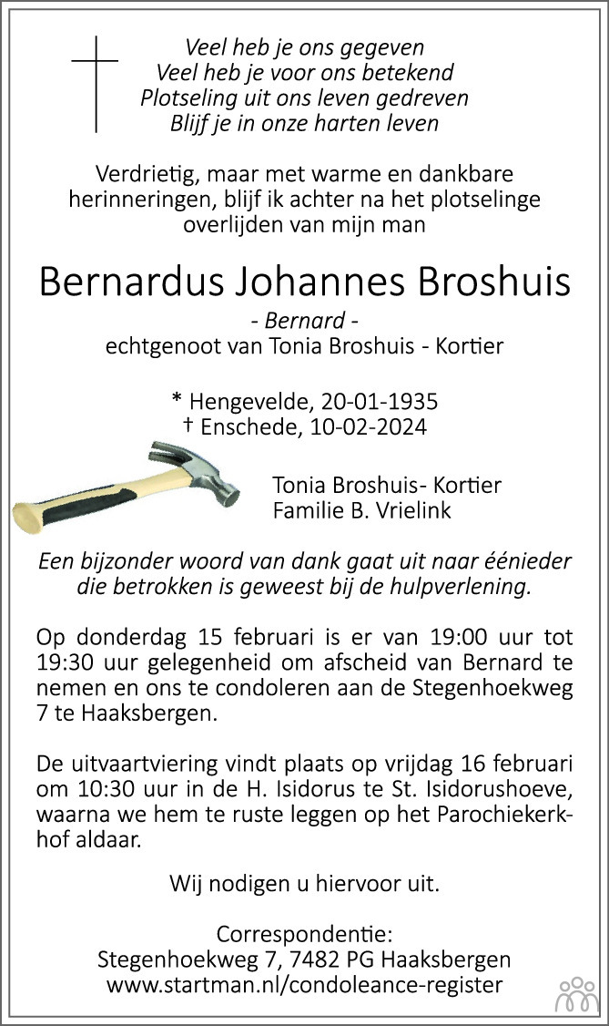 Bernard Bernardus Johannes Broshuis 10 02 2024 Overlijdensbericht En