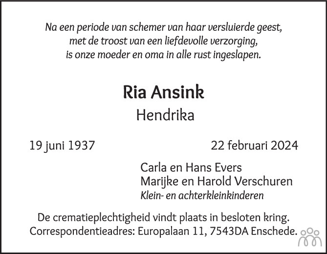 Hendrika Ria Ansink 22 02 2024 Overlijdensbericht En Condoleances