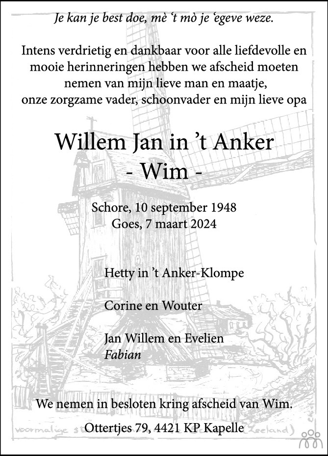 Willem Jan Wim In T Anker Overlijdensbericht En