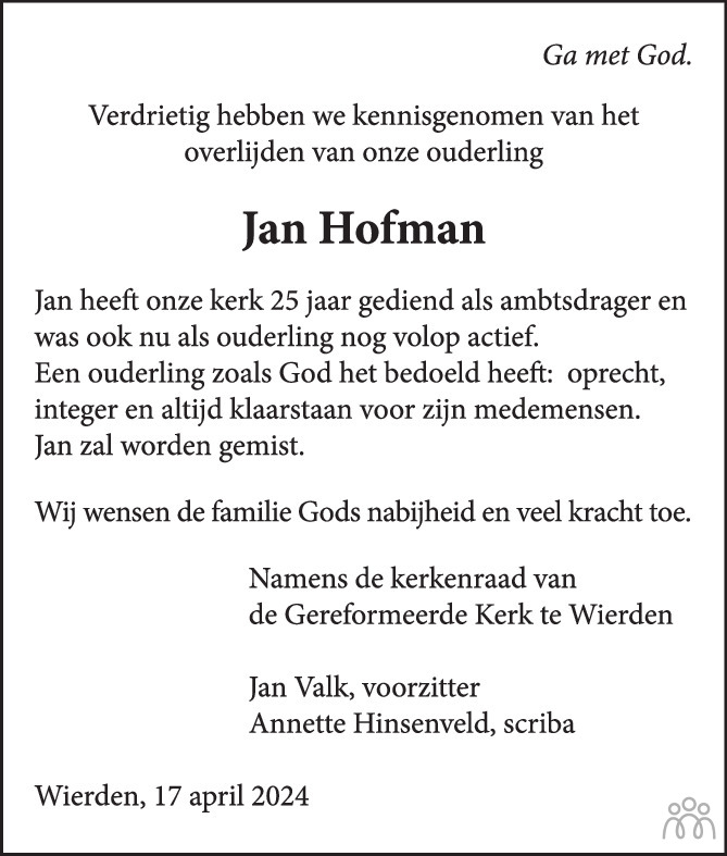 Jan Jan Hendrik Hofman Overlijdensbericht En Condoleances