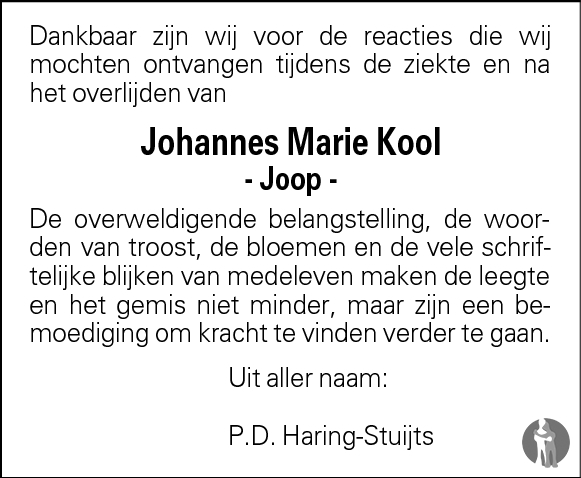 Johannes Marie Joop Kool 22 12 2008 Overlijdensbericht En