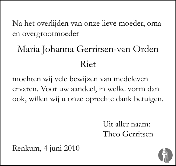 Maria Johanna Riet Gerritsen Van Orden