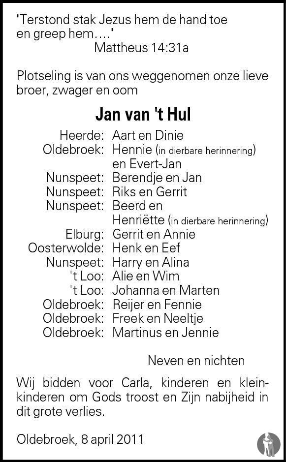 Jan Van T Hul Overlijdensbericht En Condoleances