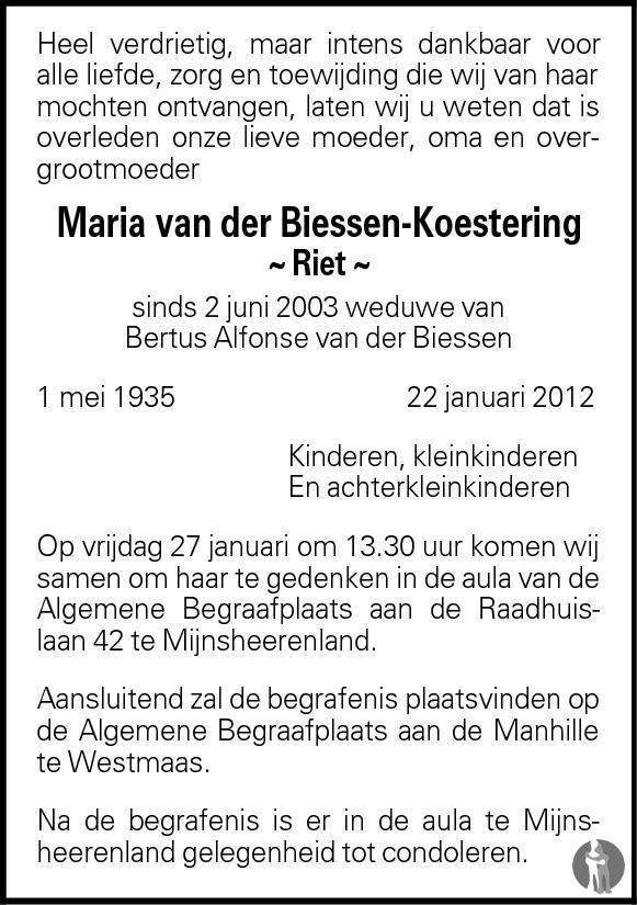 Maria Riet Van Der Biessen Koestering 22 01 2012 Overlijdensbericht