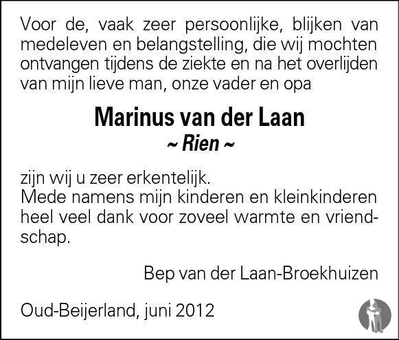 Marinus Rien Van Der Laan 30 04 2012 Overlijdensbericht En