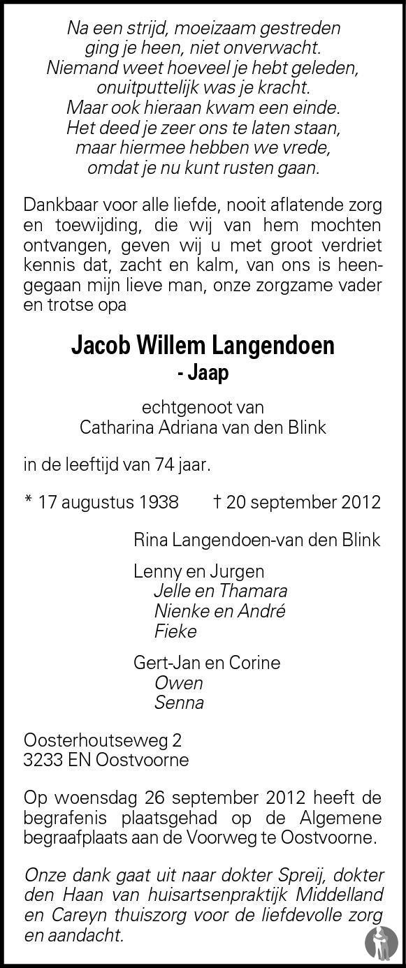 Jacob Willem Jaap Langendoen 20 09 2012 Overlijdensbericht En