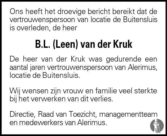 Bertus Leendert Leen Van Der Kruk Overlijdensbericht En