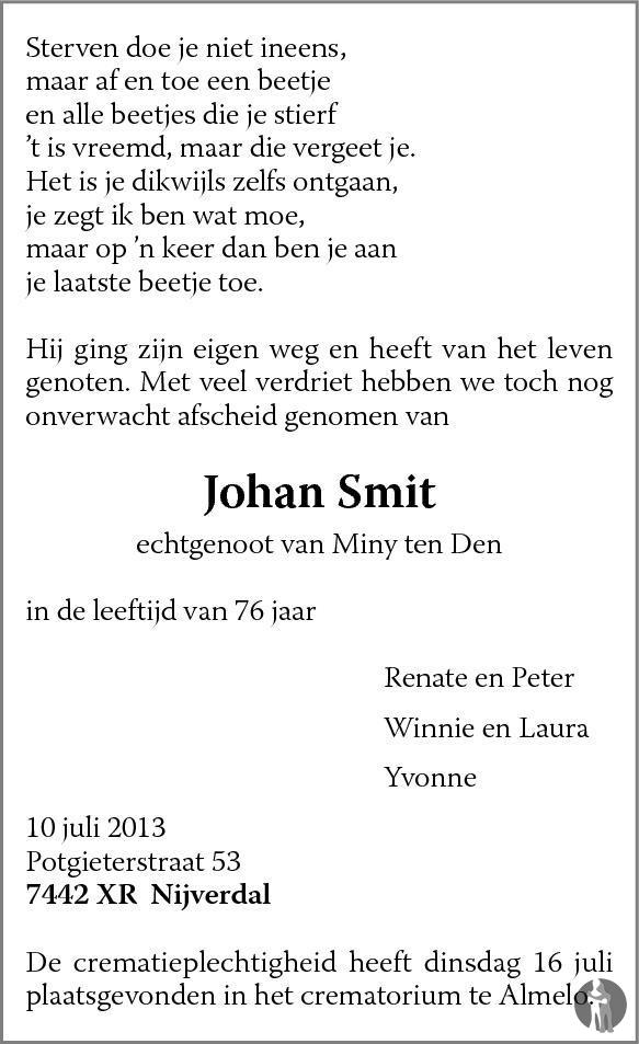 Johan Smit Overlijdensbericht En Condoleances Mensenlinq Nl