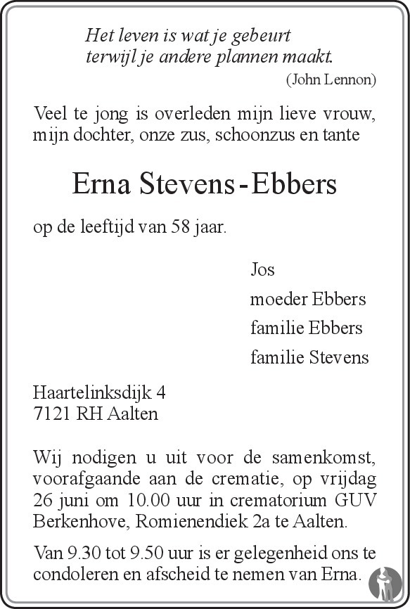 Erna Stevens Ebbers 21 06 2015 Overlijdensbericht En Condoleances