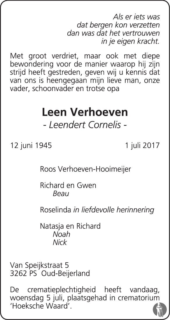 Leendert Cornelis Leen Verhoeven Overlijdensbericht En