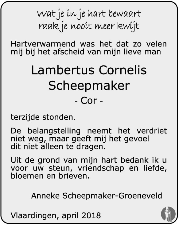 Lambertus Cornelis Cor Scheepmaker Overlijdensbericht En