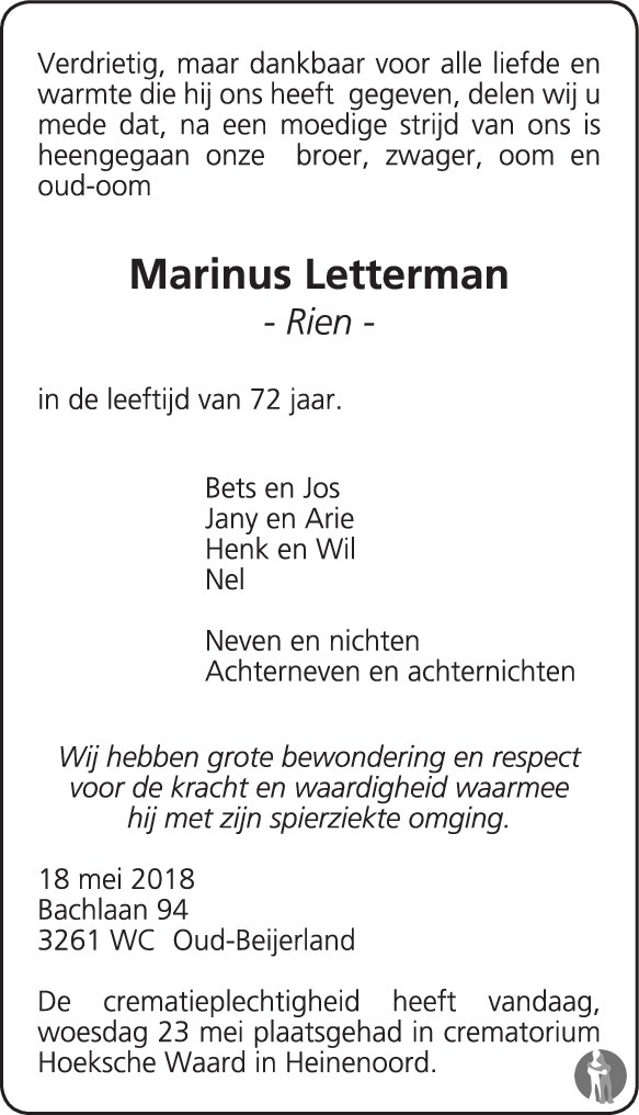 Marinus Rien Letterman 18 05 2018 Overlijdensbericht En Condoleances