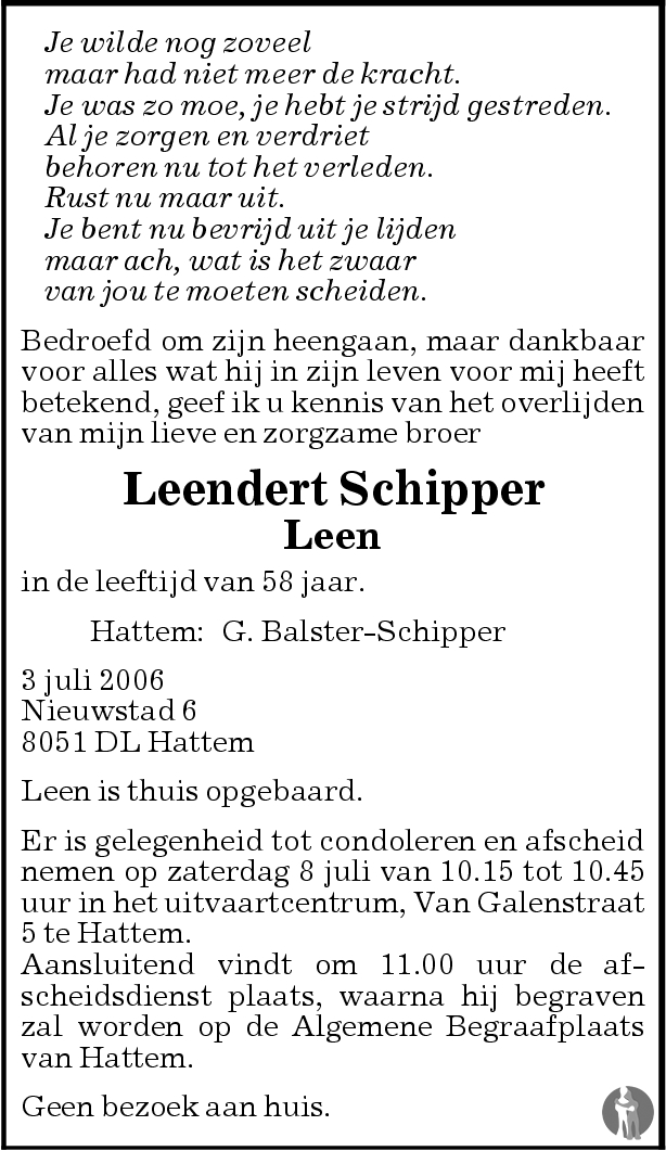 Leendert Leen Schipper Overlijdensbericht En Condoleances