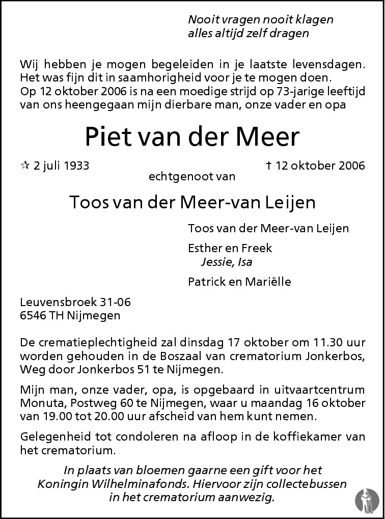 Piet Van Der Meer 12 10 2006 Overlijdensbericht En Condoleances